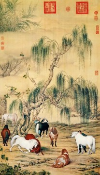 Chino Painting - Lang brillando ocho grandes caballos chinos antiguos
